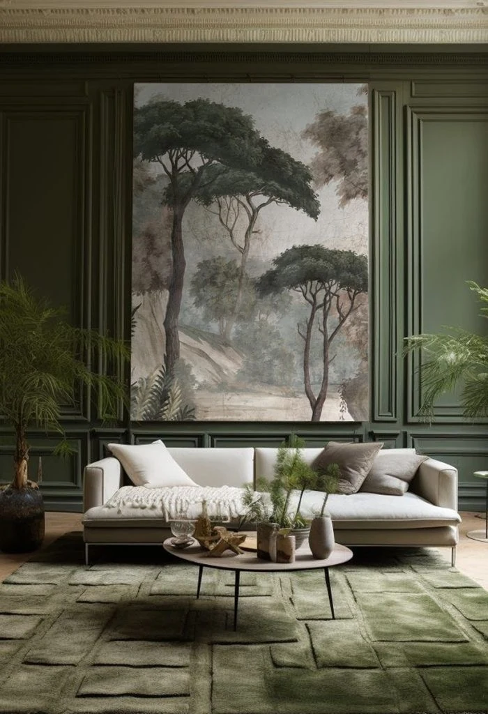 Décor mural de forêt dans un salon vert