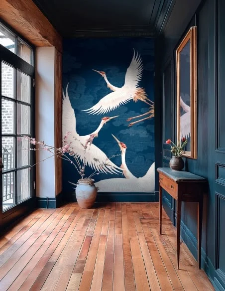 Papier peint de grues blanches dans un couloir bleu
