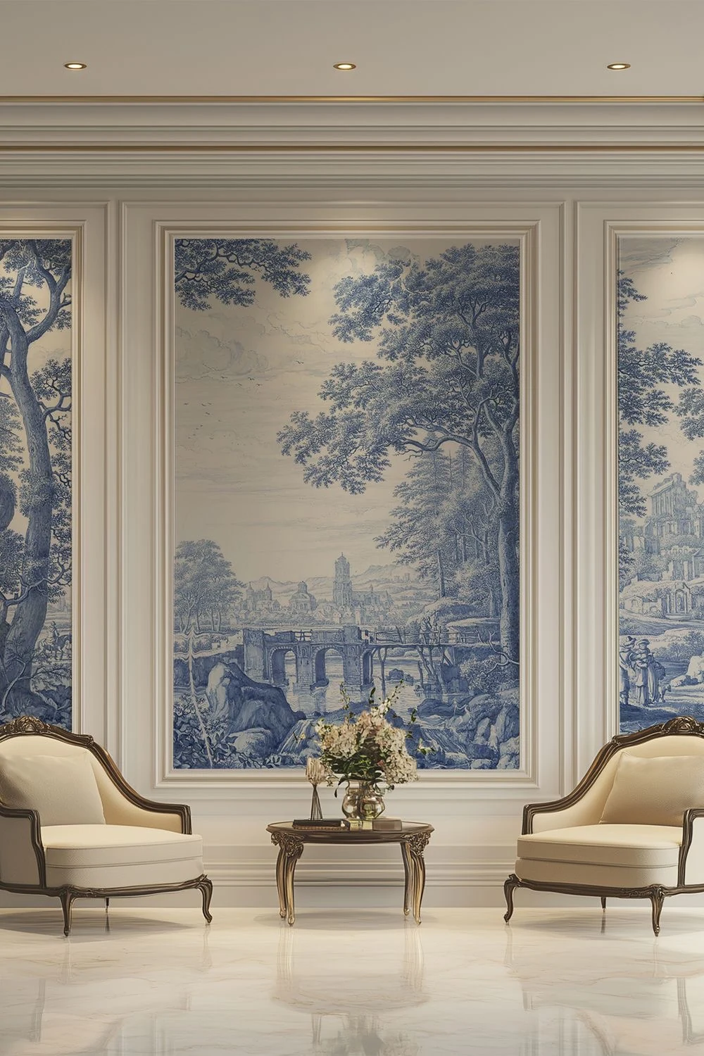 Papier peint de paysage bleu dans un salon classique