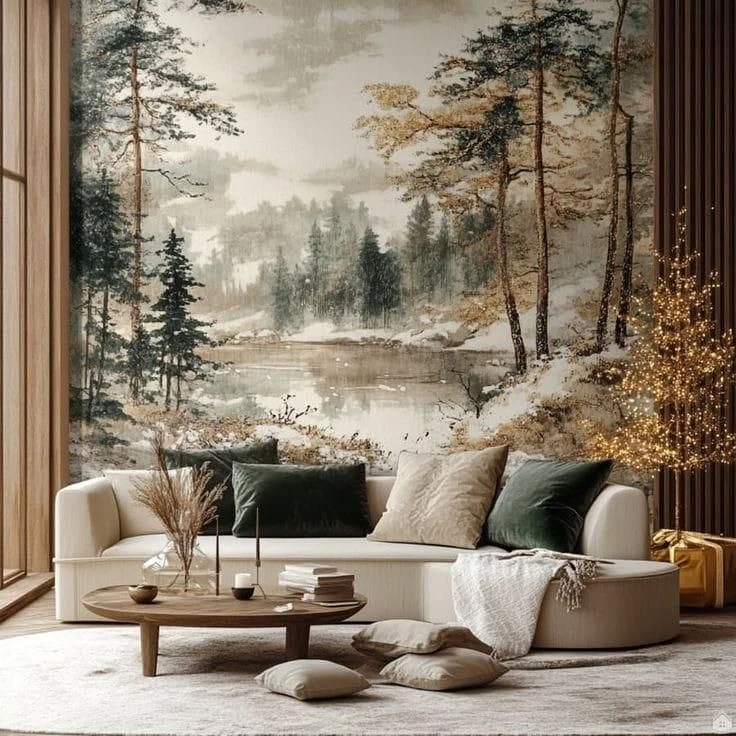Paysage de forêt et lac brumeux en décor mural