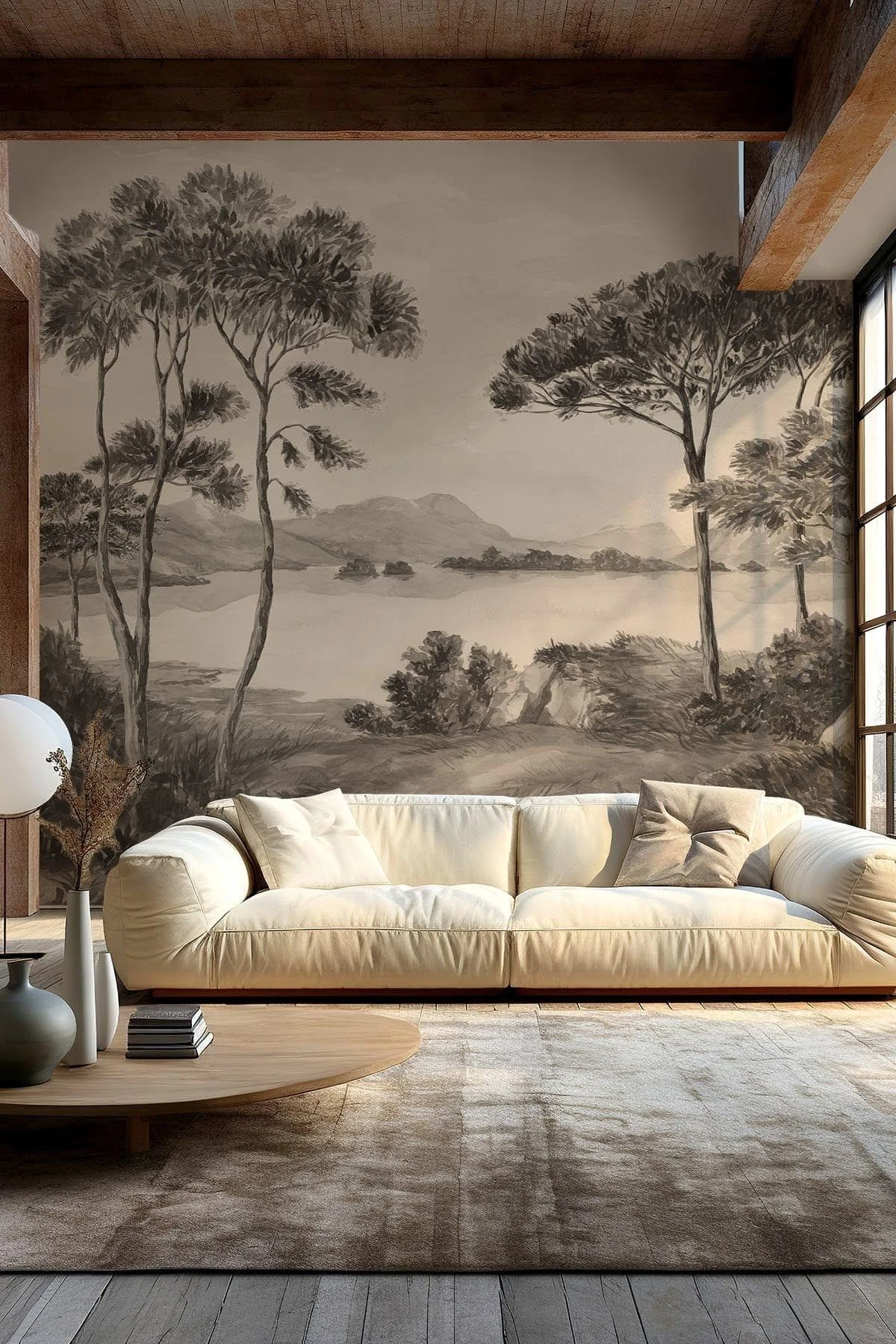 Paysage panoramique au-dessus d’un canapé crème