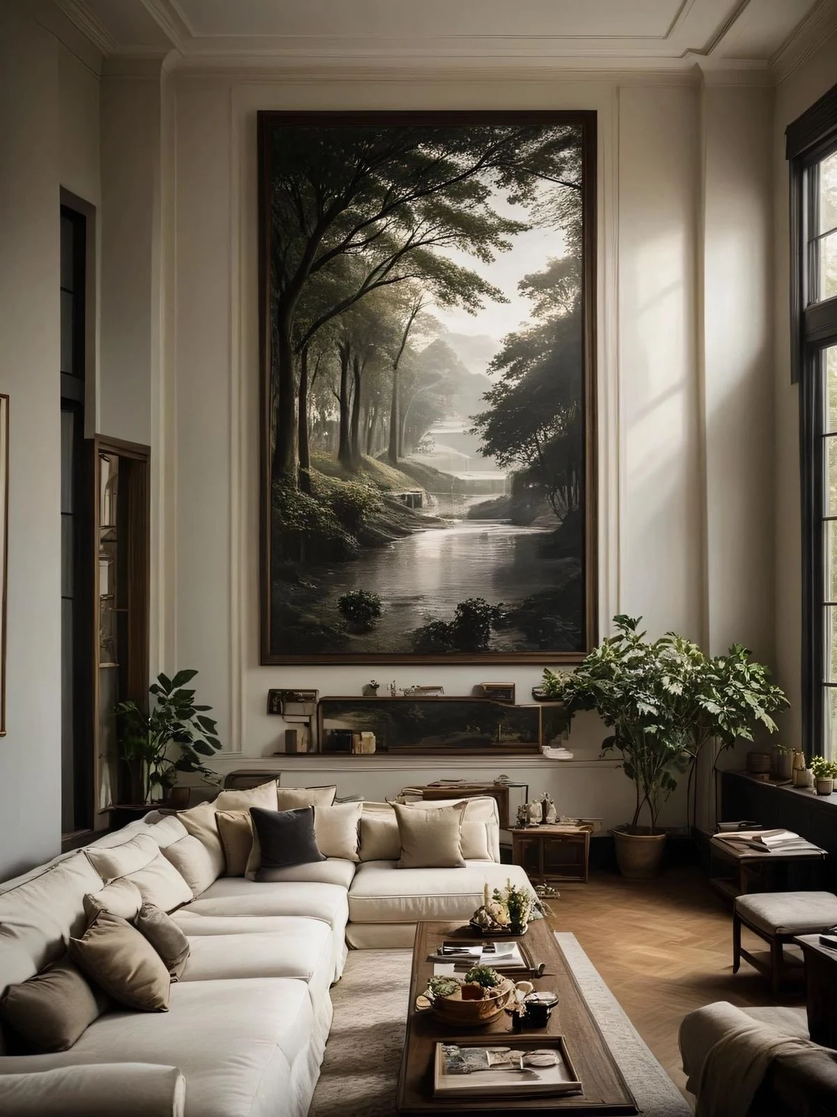 Grand décor mural de rivière et forêt dans un salon
