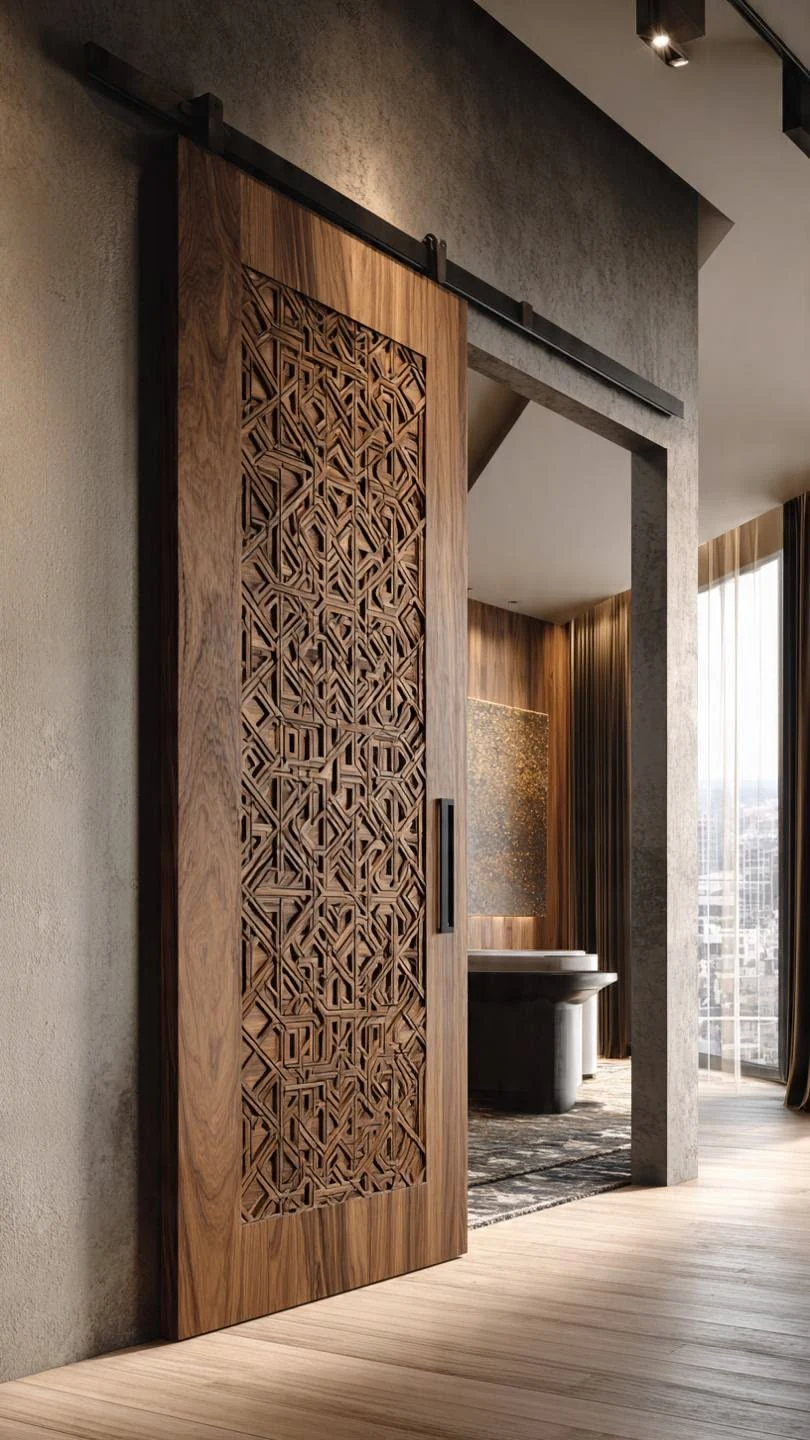 Porte coulissante en bois à motifs géométriques sculptés fins