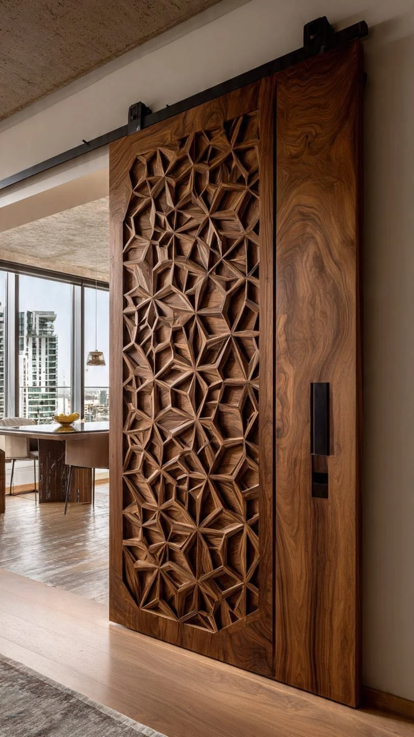 Porte coulissante en bois à motifs étoilés en relief