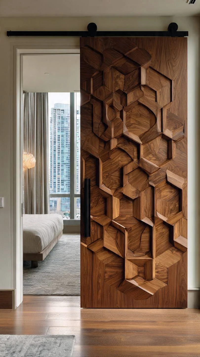 Porte coulissante en bois à hexagones en relief