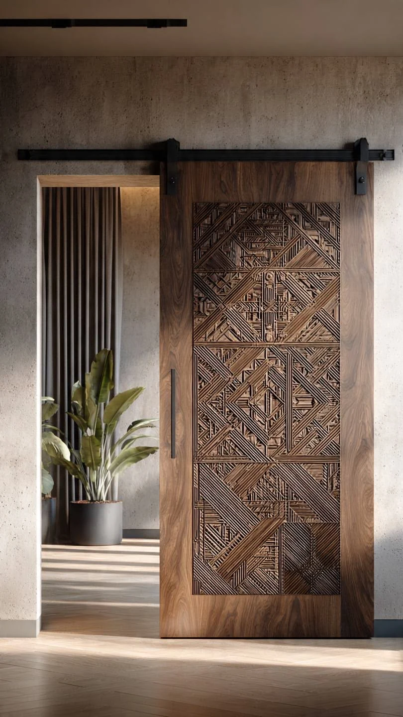 Porte coulissante en bois à mosaïque géométrique sculptée