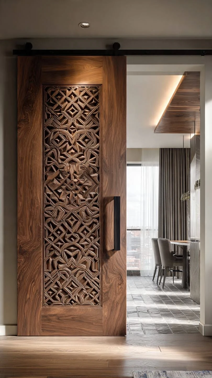 Porte coulissante en bois à ornements sculptés