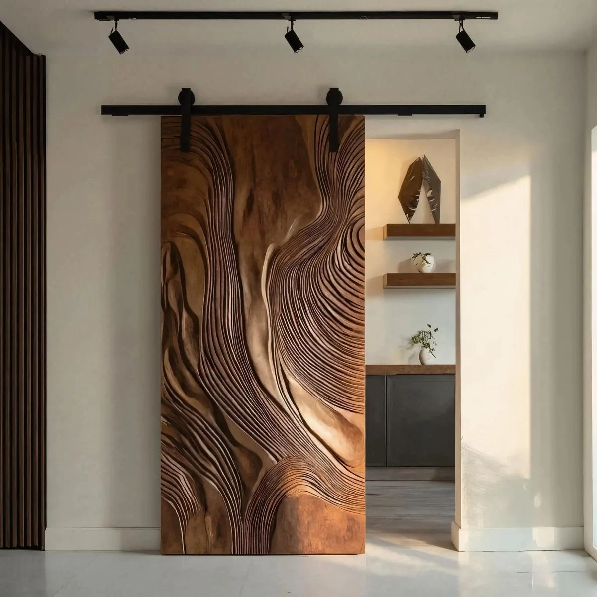 Porte coulissante en bois à relief organique ondulé