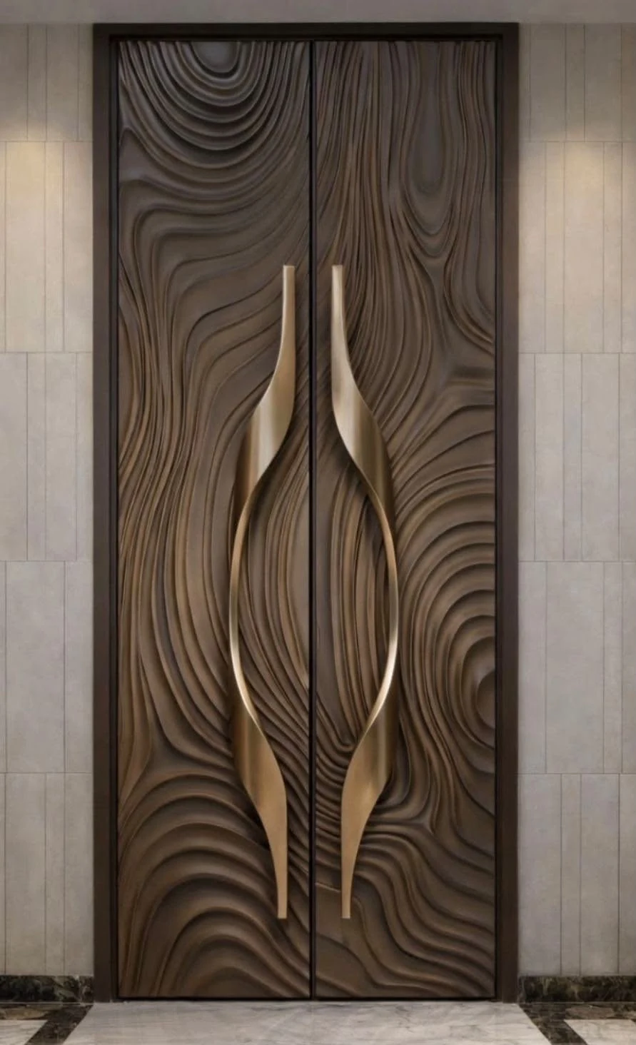 Double porte en relief ondulé avec poignées sculpturales