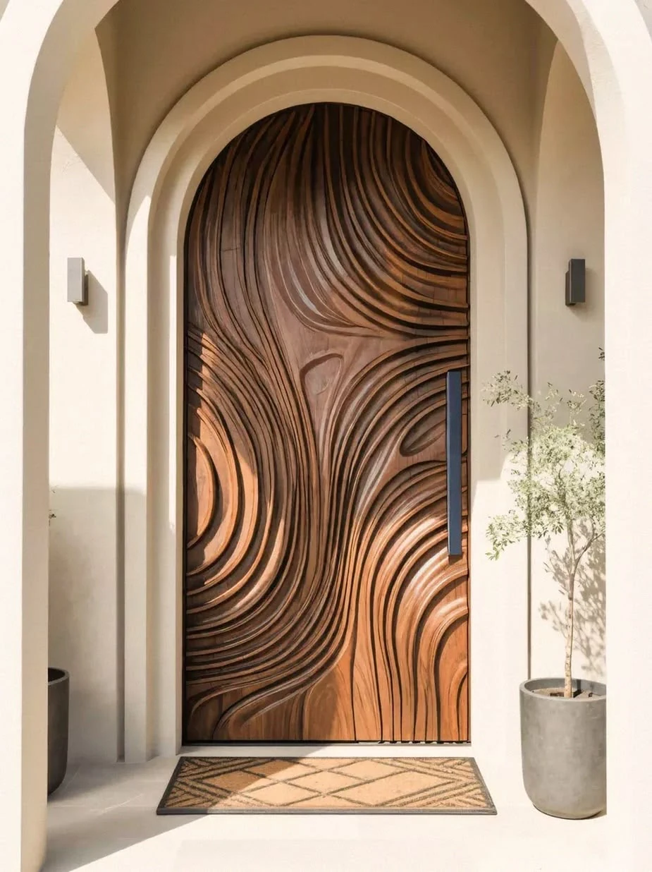 Porte arquée en bois à ondulations sculptées
