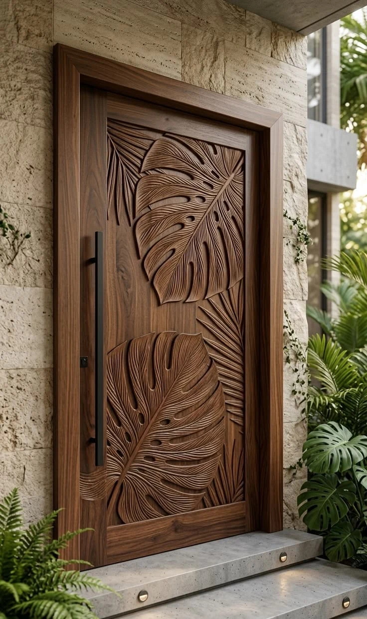 Porte en bois sculptée de feuilles de monstera