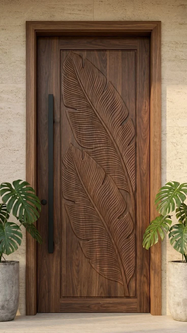 Porte en bois ornée de grandes feuilles sculptées