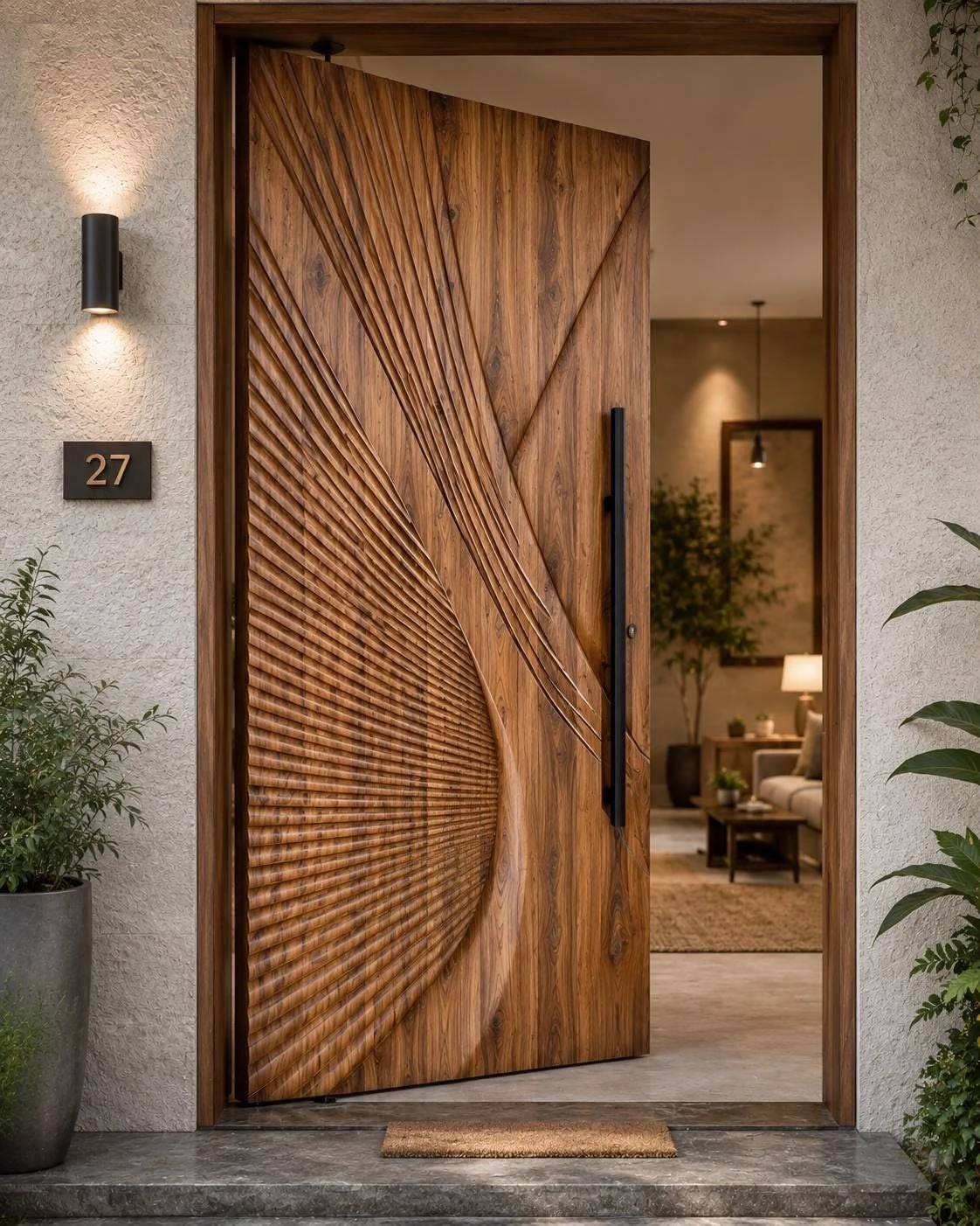 Porte pivotante en bois sculptée de rayons courbes