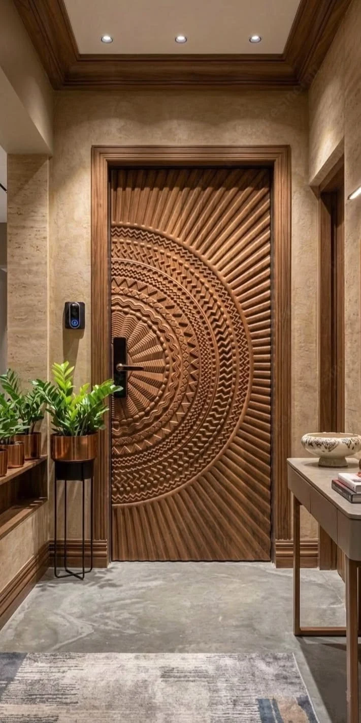 Porte en bois sculptée à motif rayonnant