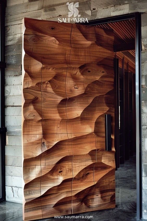 Porte en bois sculptée en larges vagues organiques