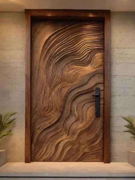 Porte en bois naturel à vagues sculptées