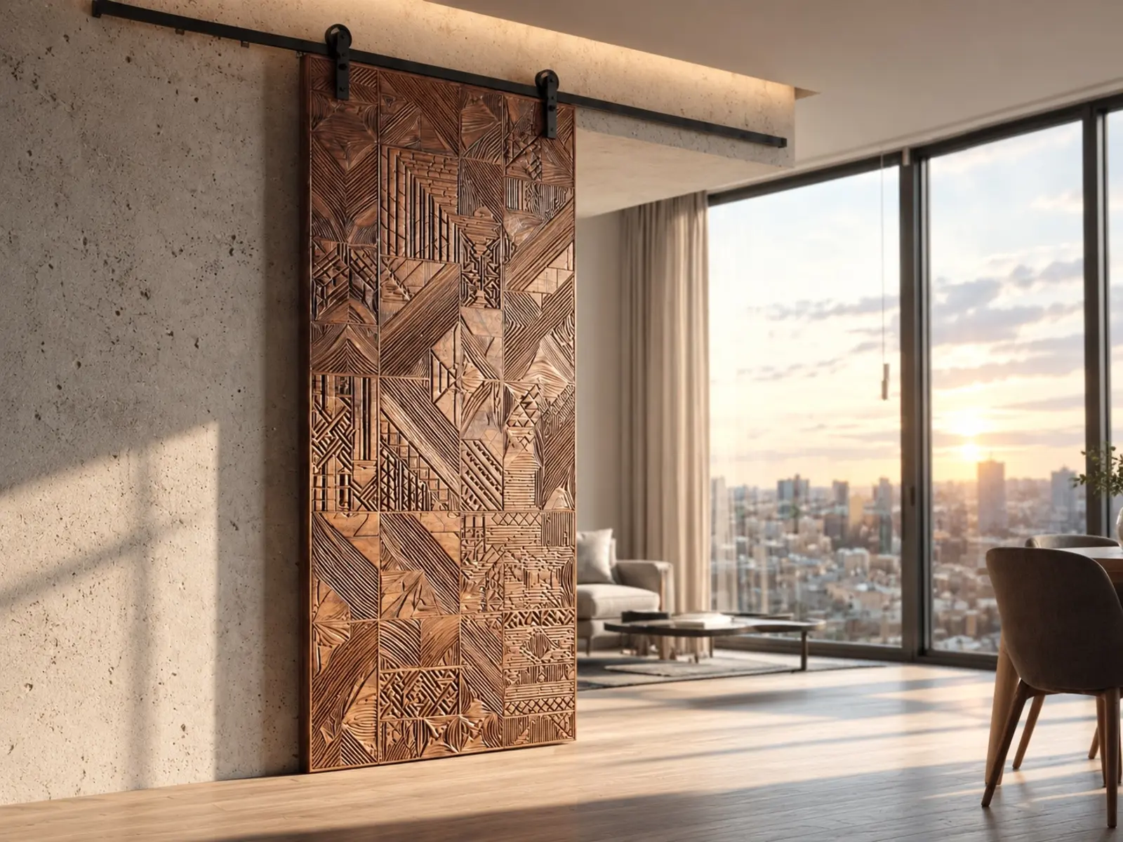 Porte coulissante sculptée en bois aux motifs graphiques