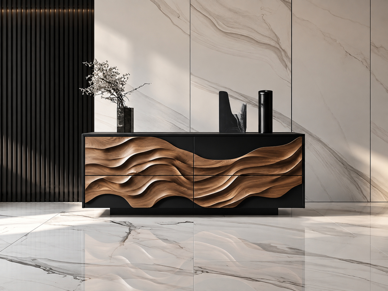 Mobilier sculpté en bois aux lignes organiques