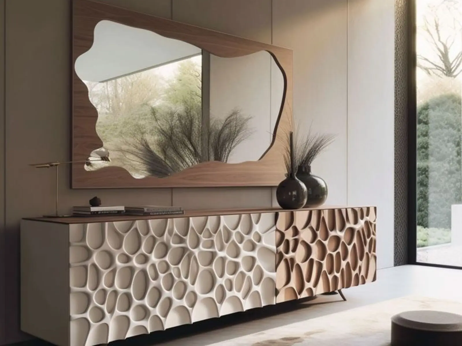 Buffet bicolore sculpté avec miroir organique