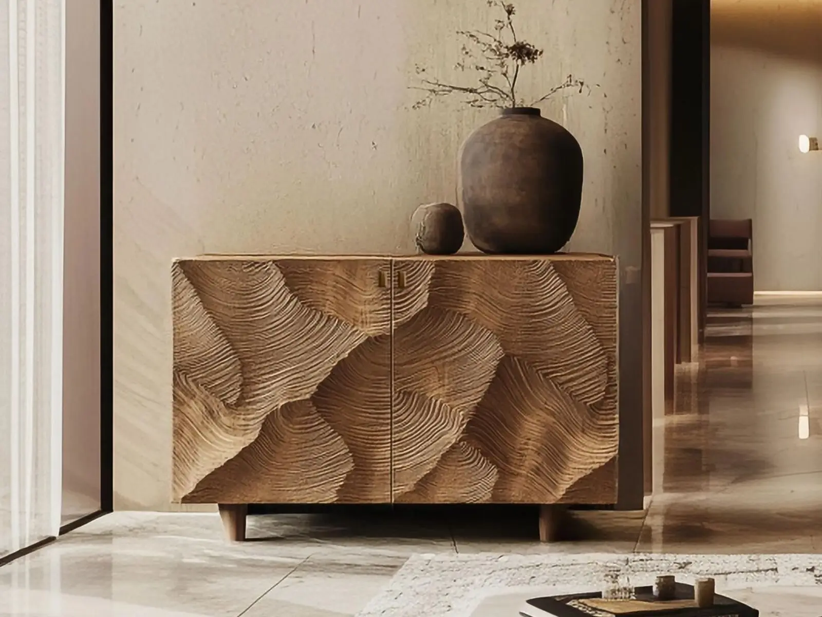 Buffet en bois sculpté aux reliefs naturels