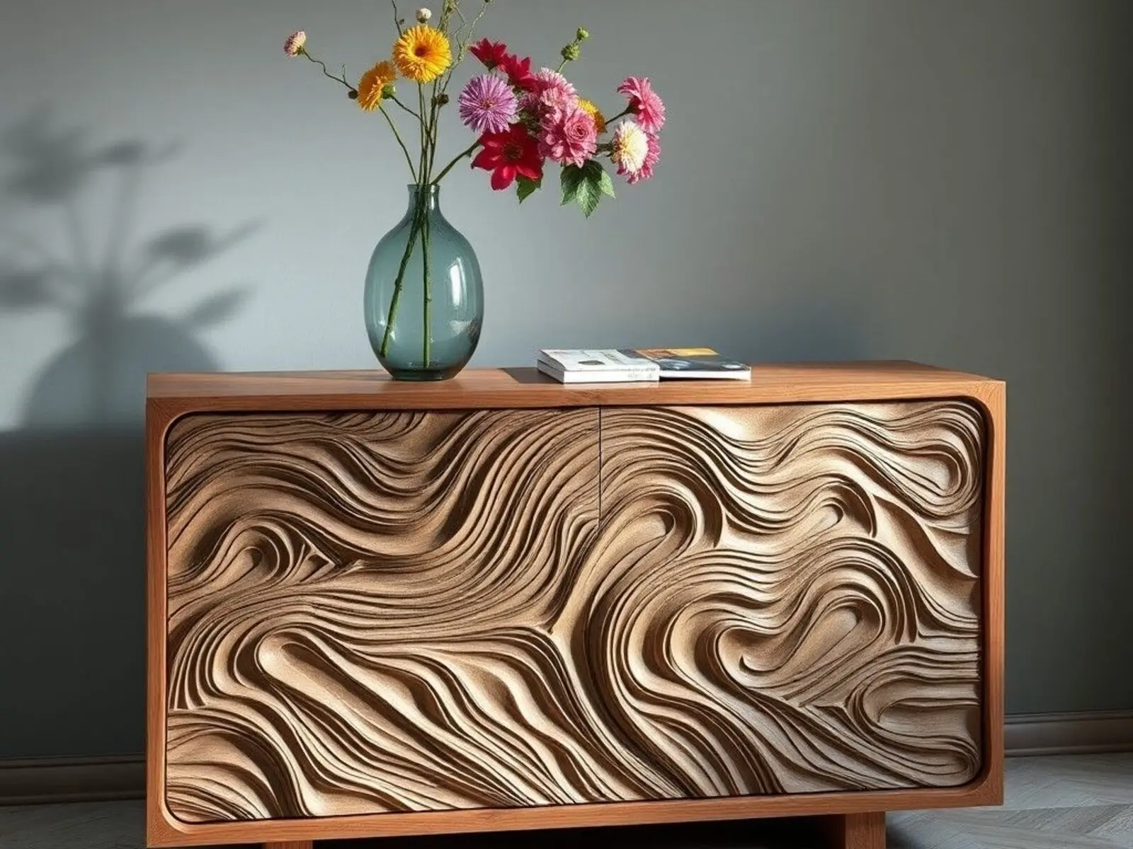 Buffet en bois sculpté aux mouvements ondulés