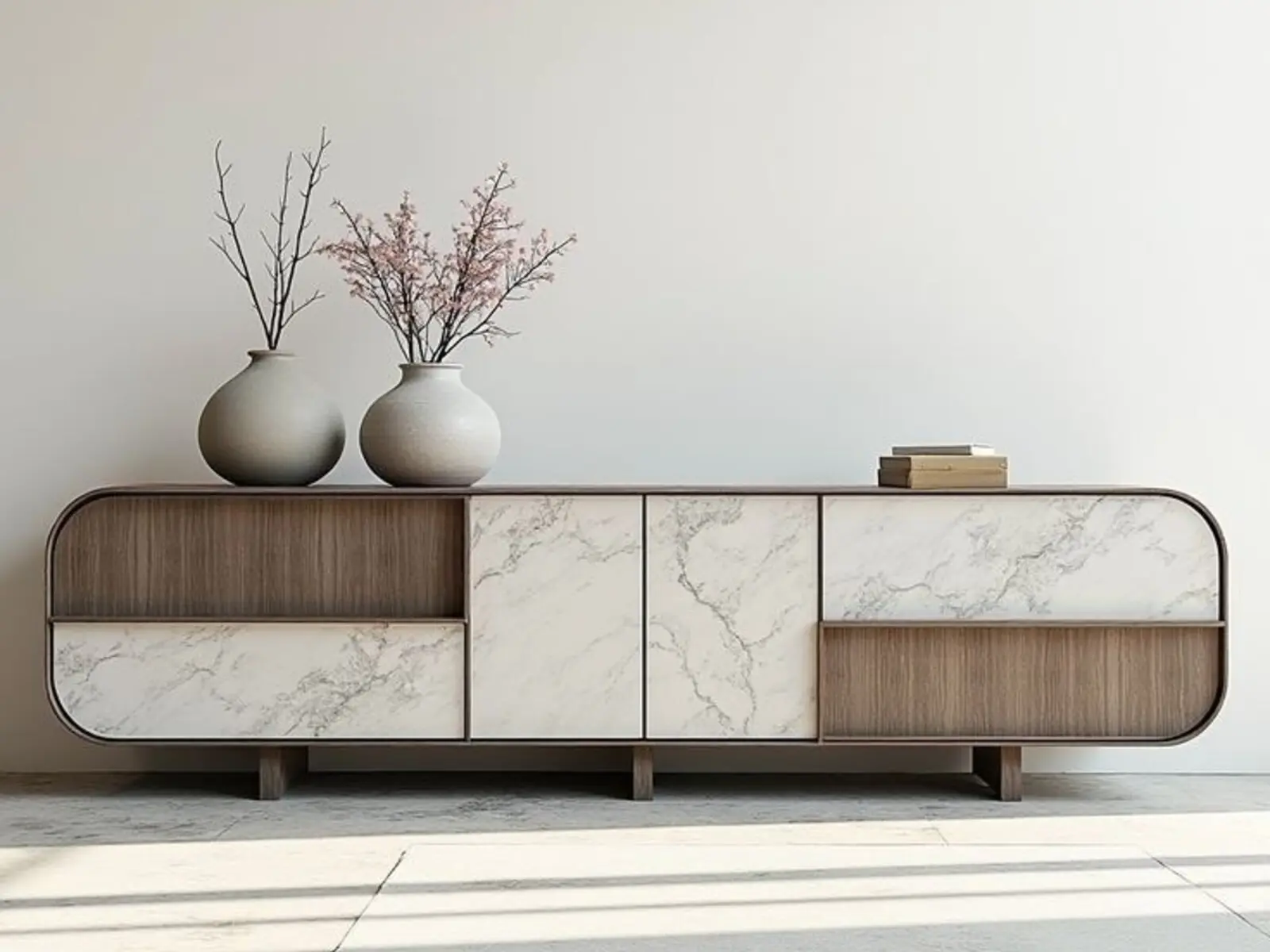 Buffet bois et marbre aux lignes arrondies