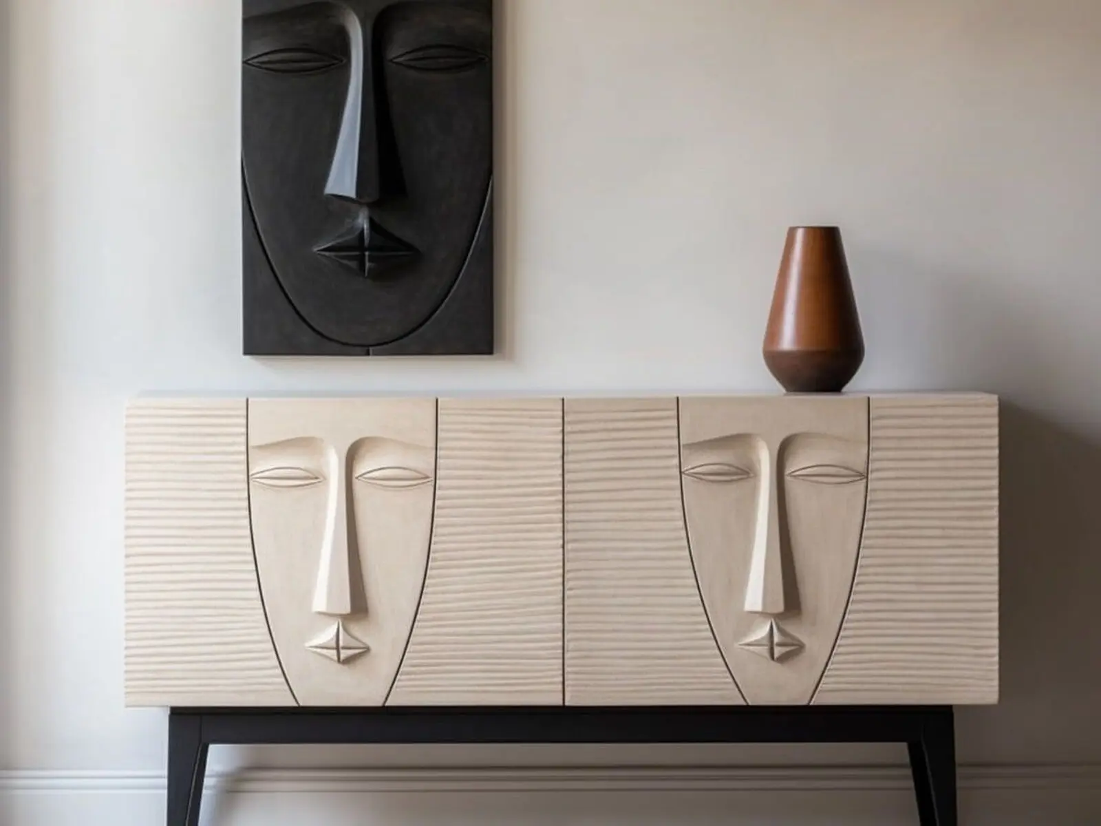 Buffet clair sculpté de visages minimalistes