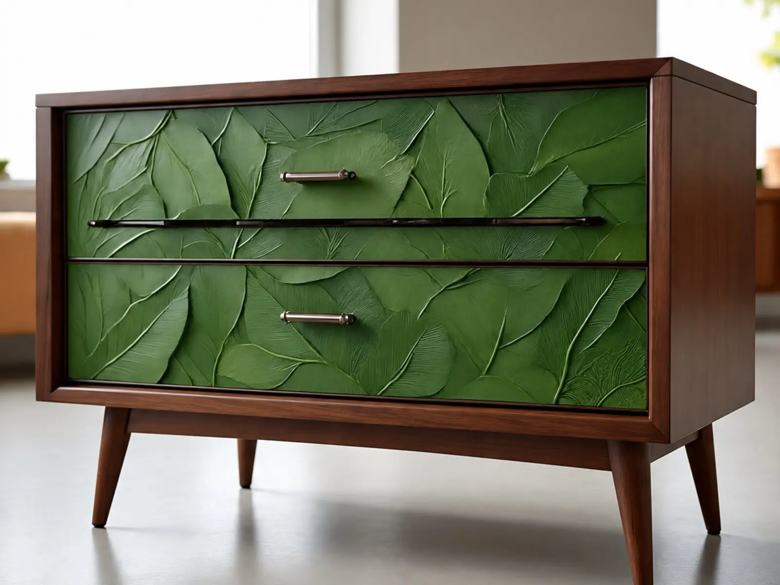 Commode en bois aux façades sculptées en feuilles vertes