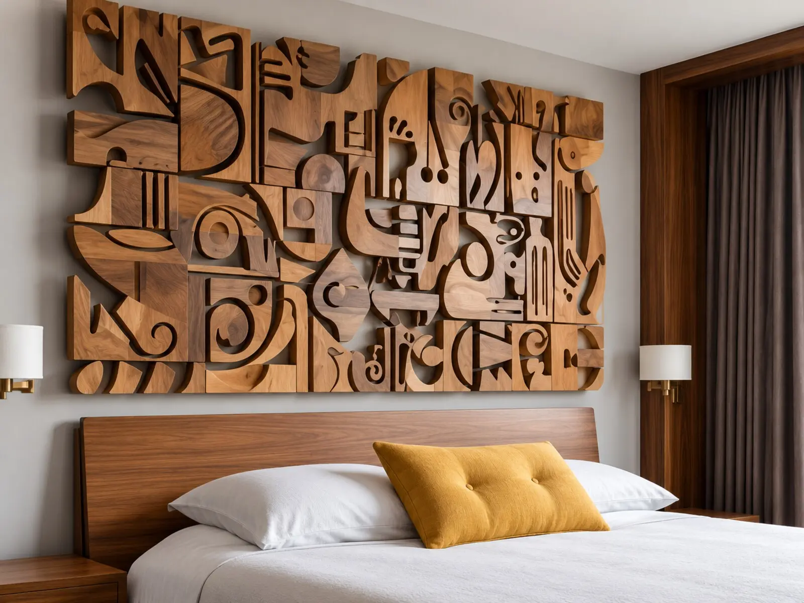 Composition murale sculptée en bois dans une chambre