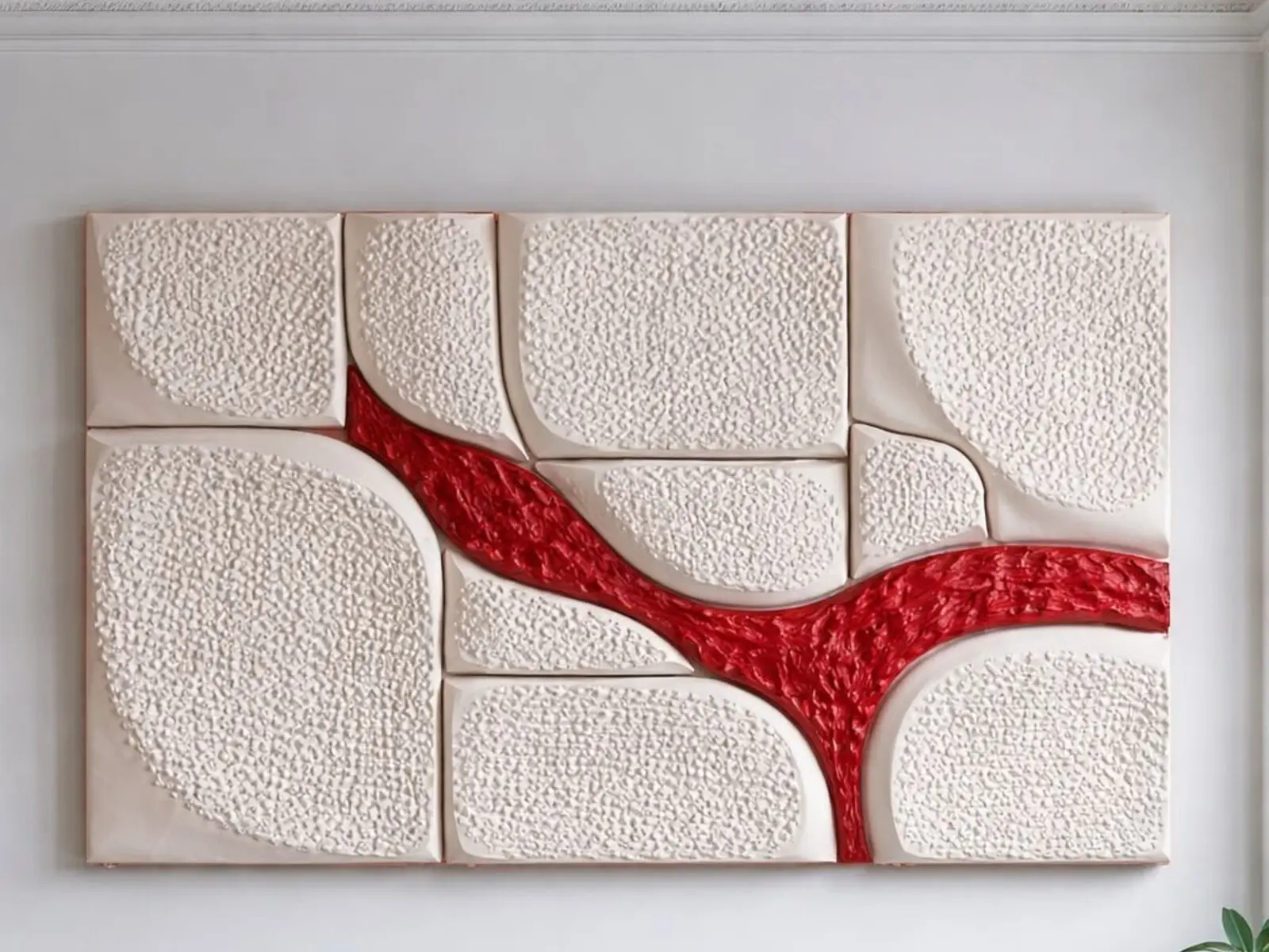 Composition murale blanche et rouge aux reliefs organiques