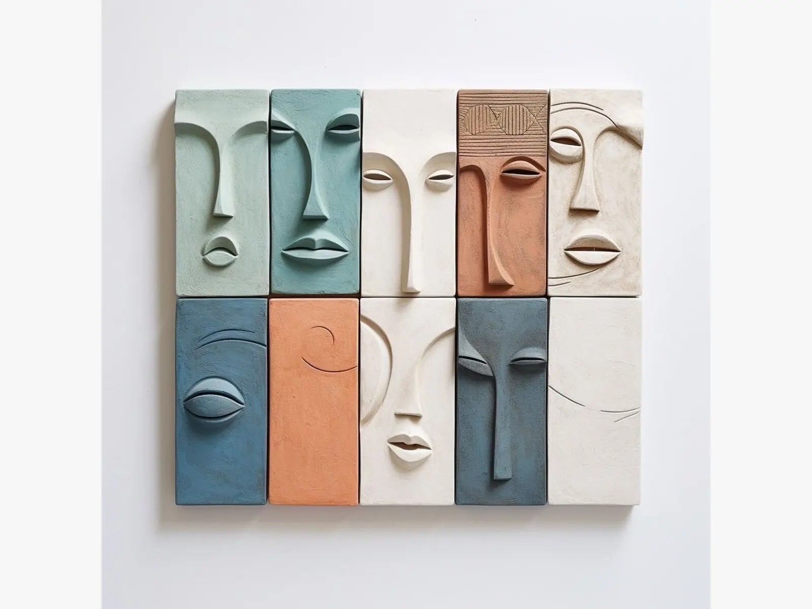 Collection de panneaux sculptés aux visages colorés