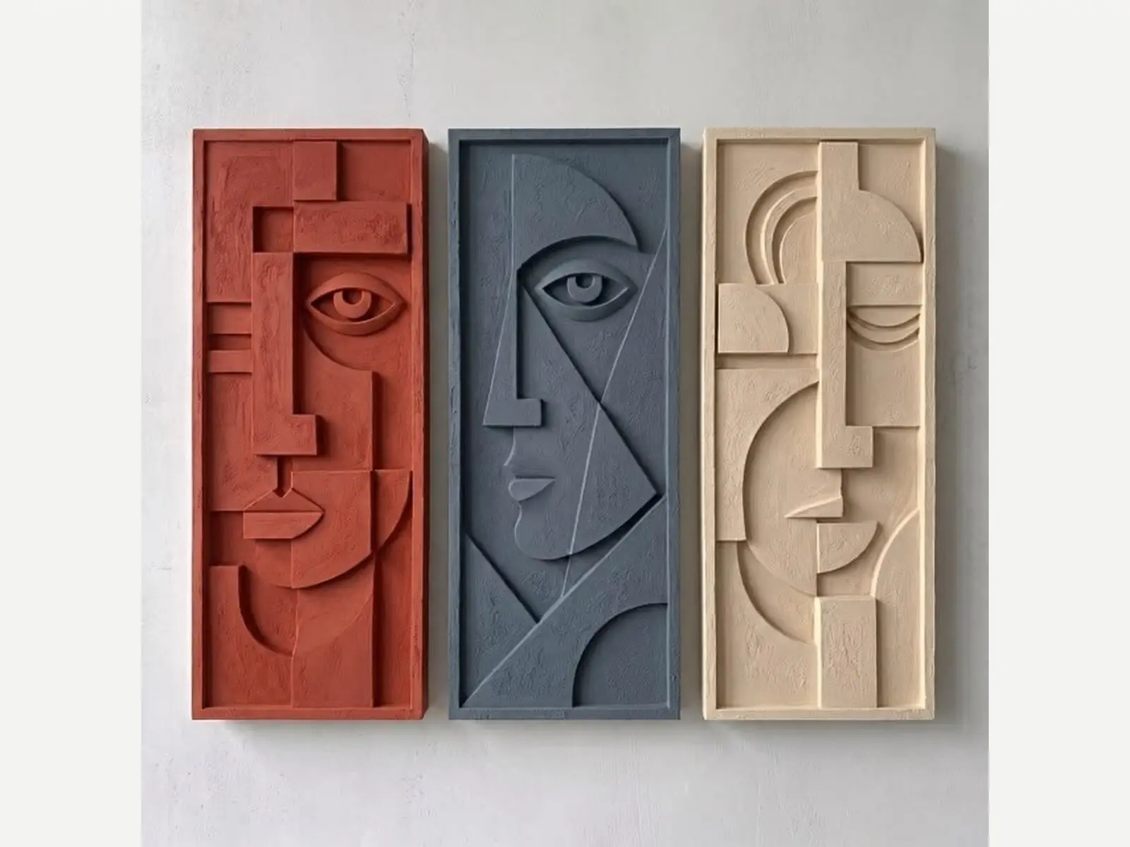 Triptyque de visages abstraits en relief