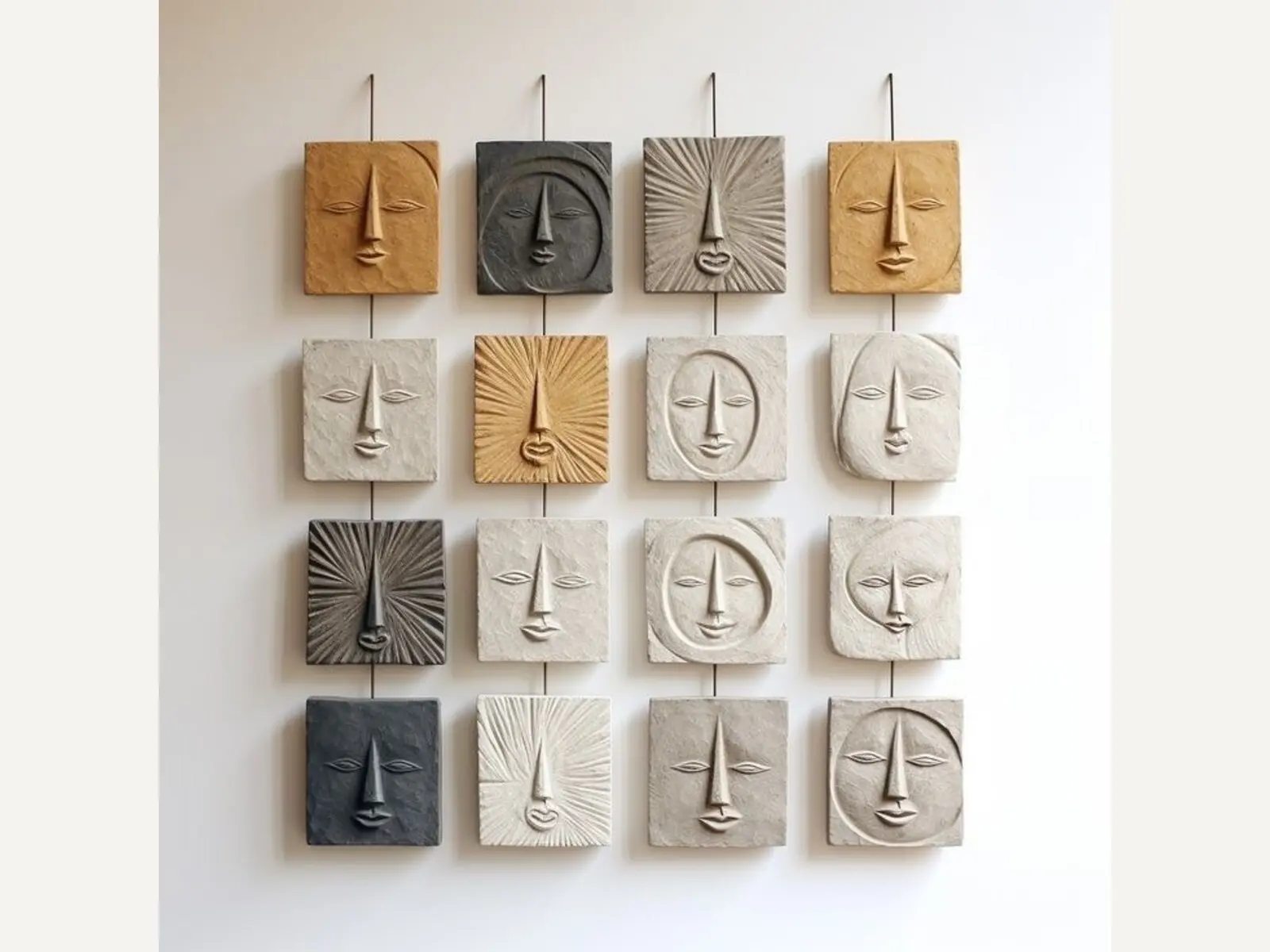 Composition murale de seize visages sculptés