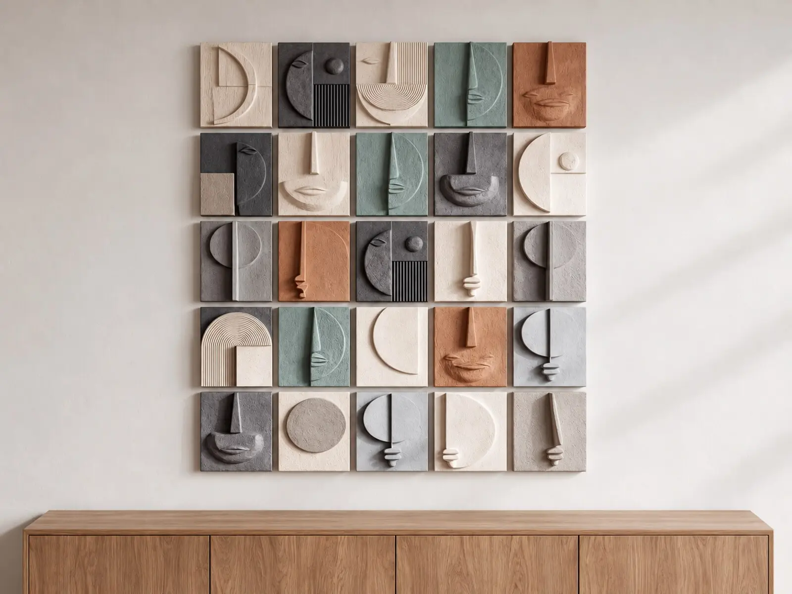 Composition murale de vingt-cinq reliefs abstraits