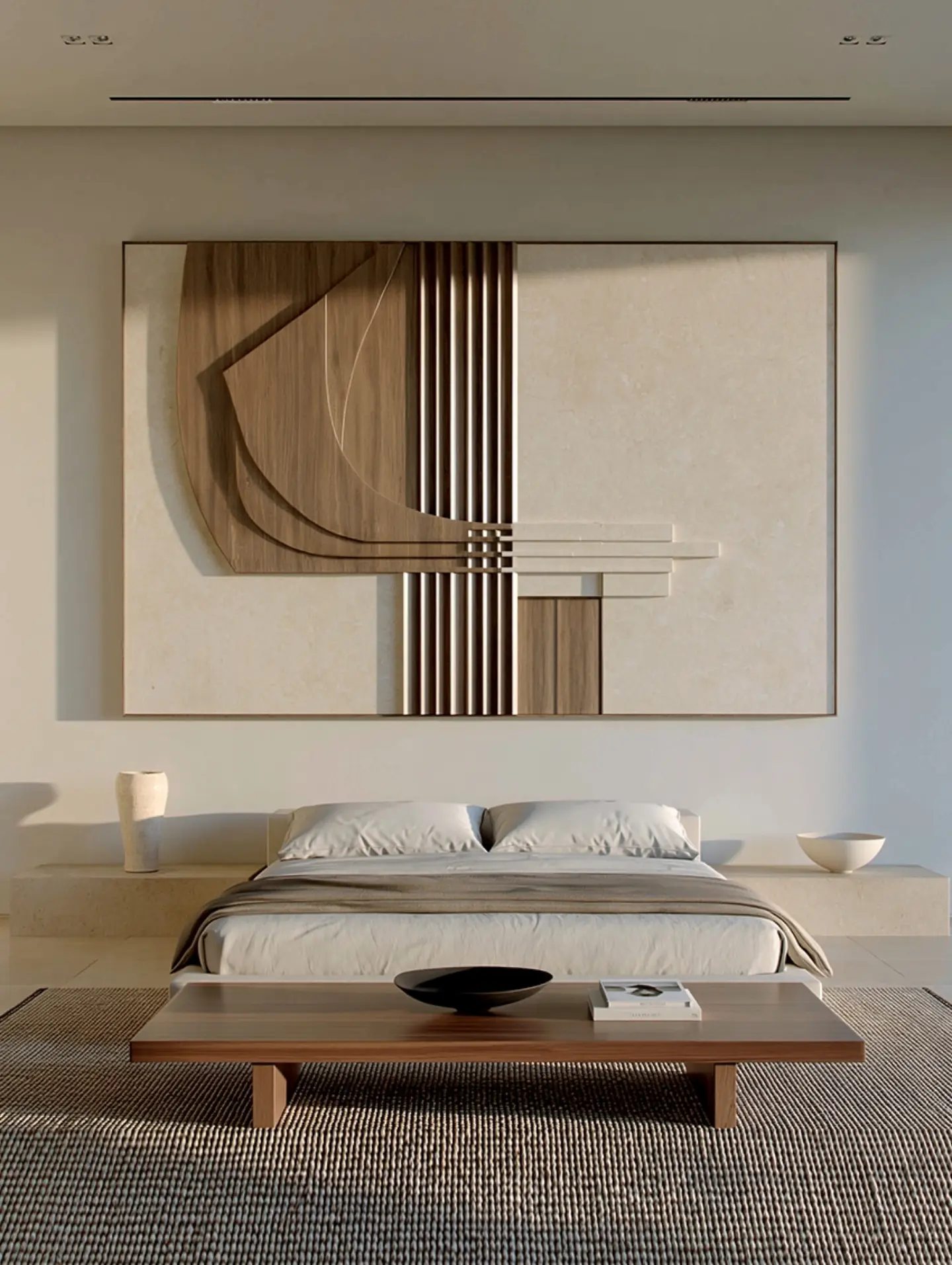 Composition murale contemporaine en bois et pierre aux lignes graphiques