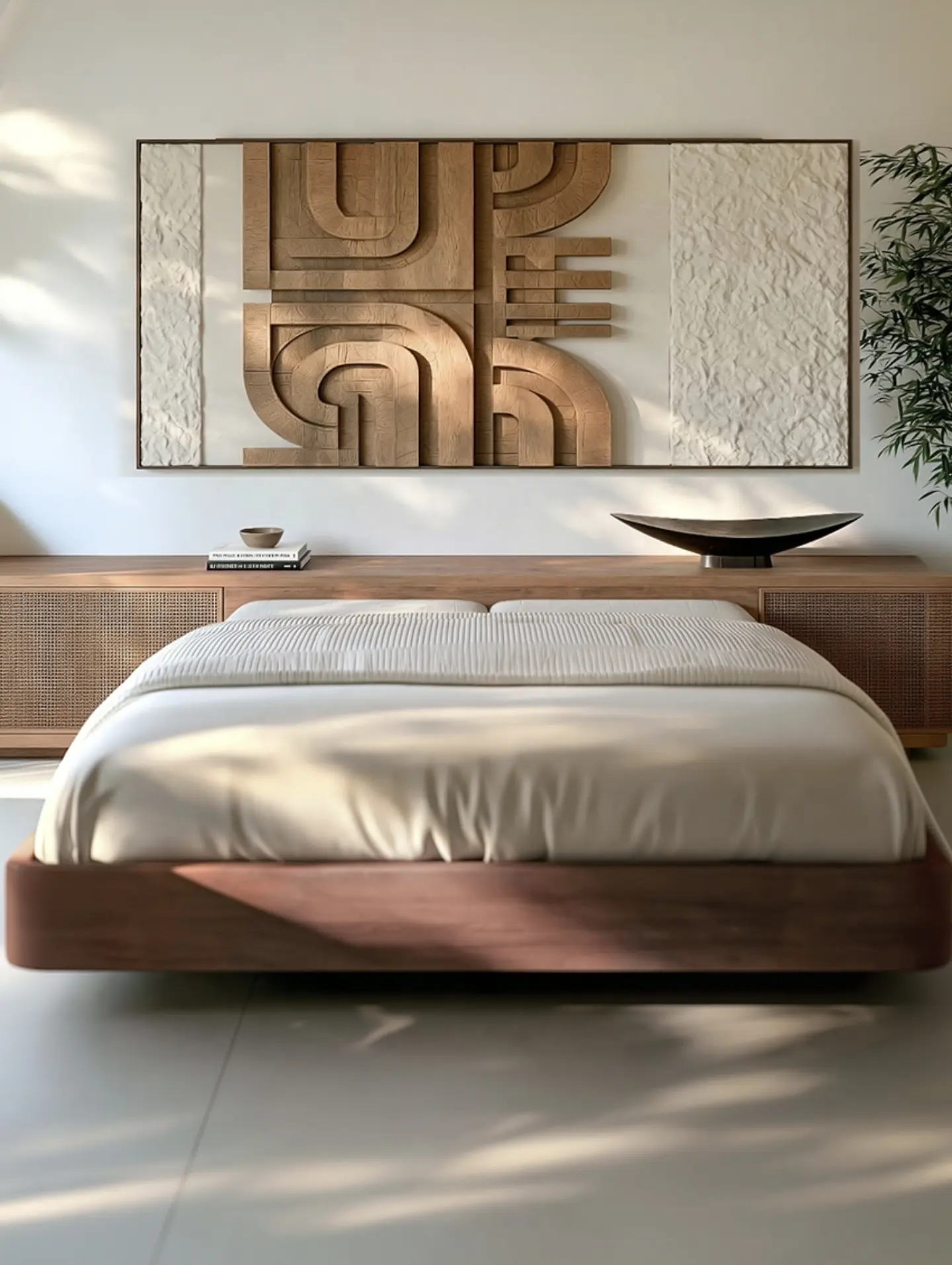 Panneau mural sculptural en bois naturel et relief minéral blanc