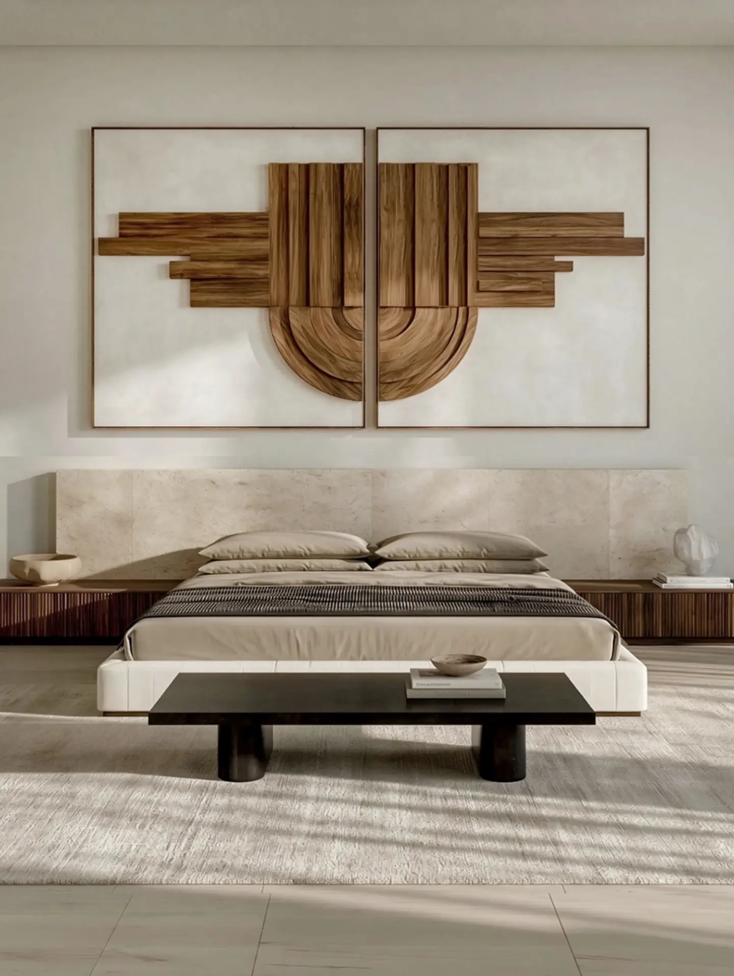 Diptyque mural géométrique en bois conçu pour une chambre contemporaine