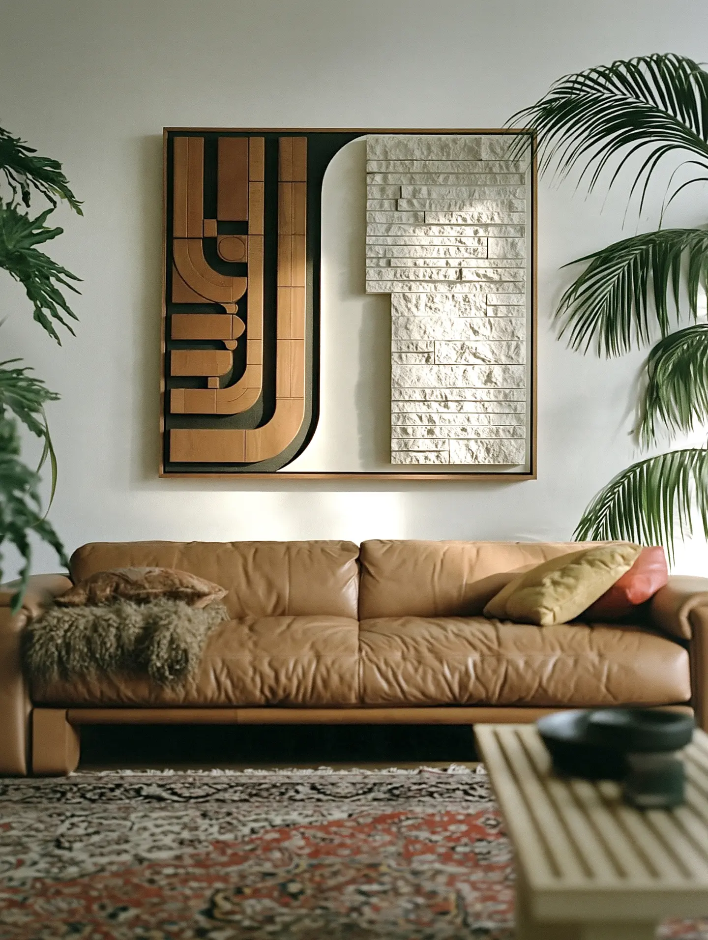 Tableau mural sculptural associant bois, fond sombre et texture minérale
