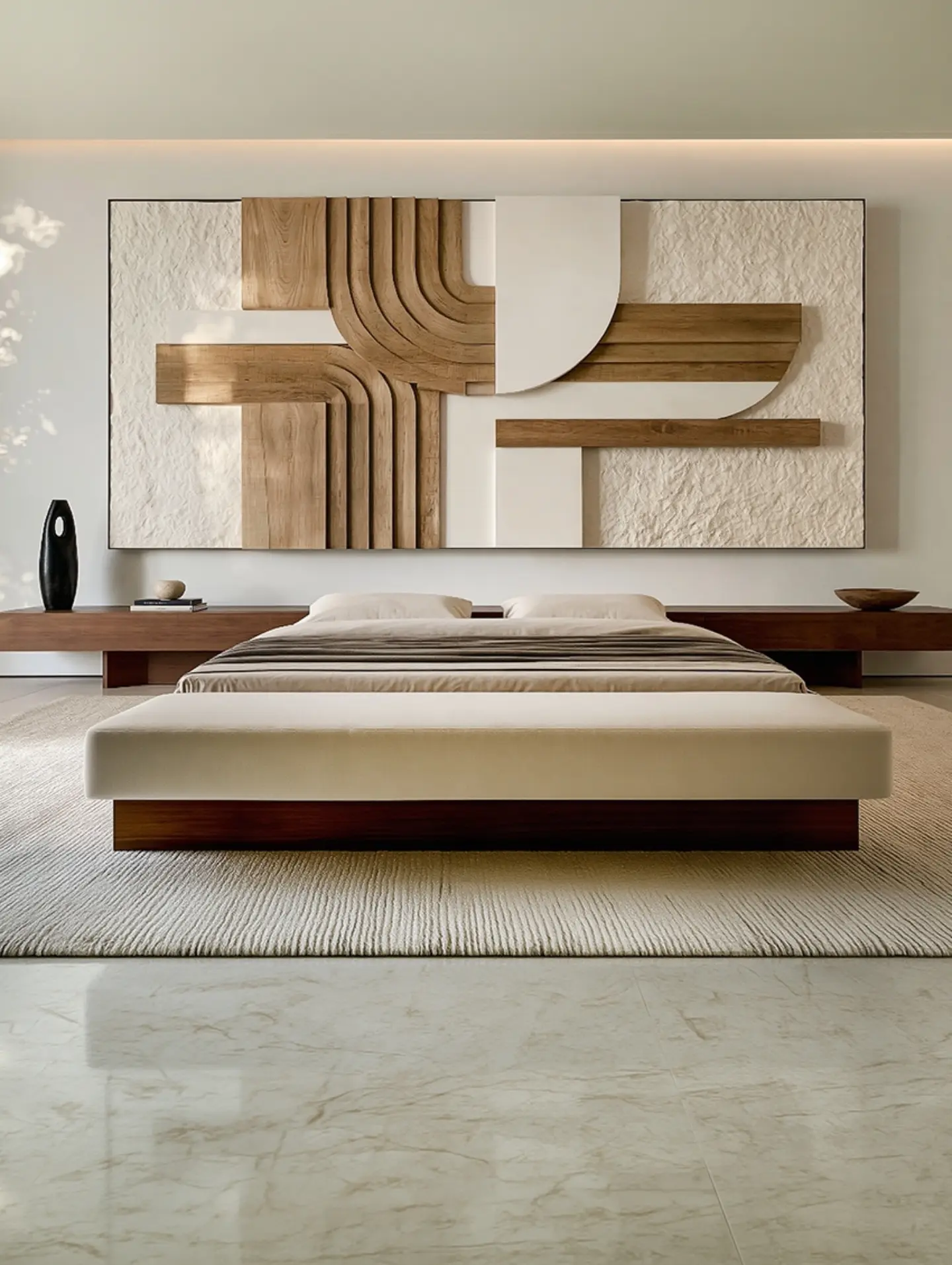 Grande composition murale sur mesure en bois et relief blanc