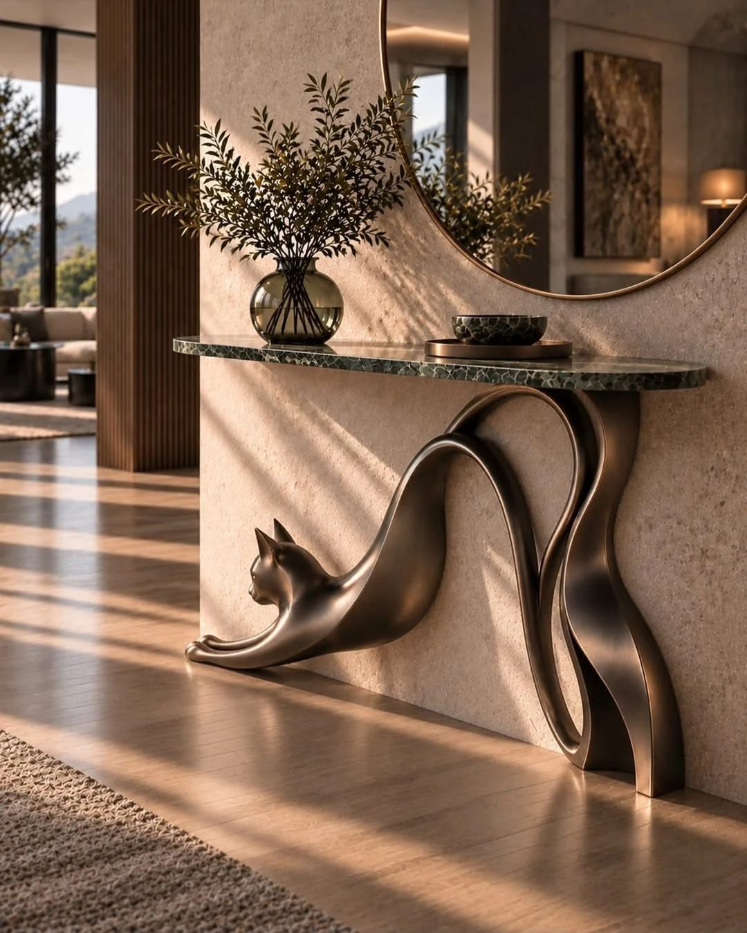Console sculpturale en forme de chat en finition bronze