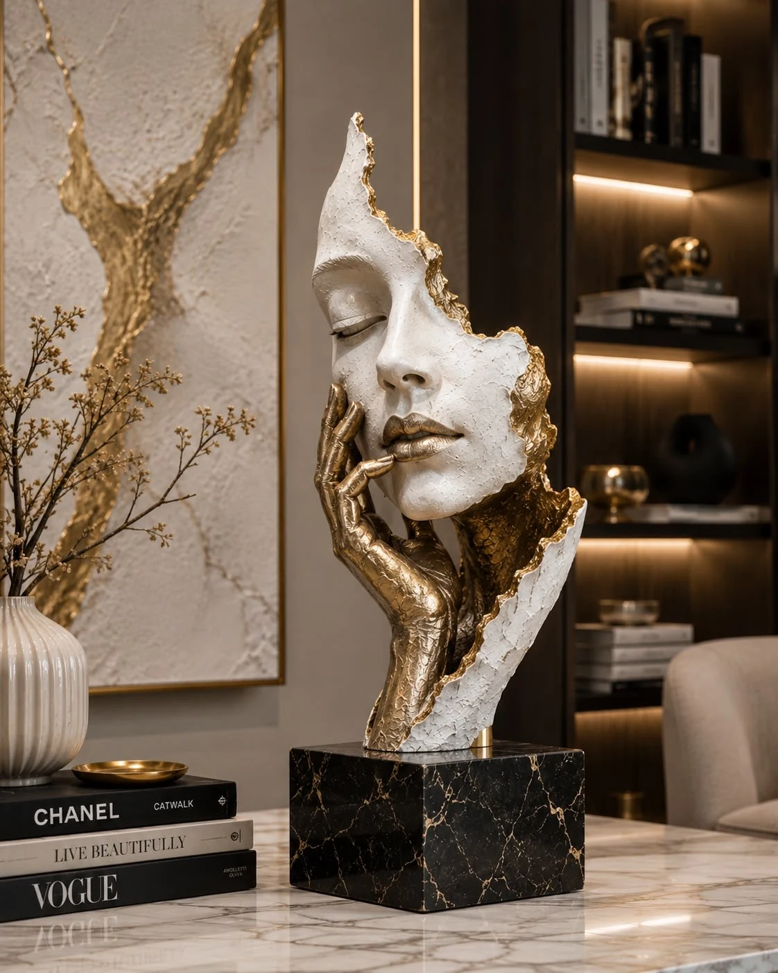 Sculpture de visage blanc et or sur un socle noir