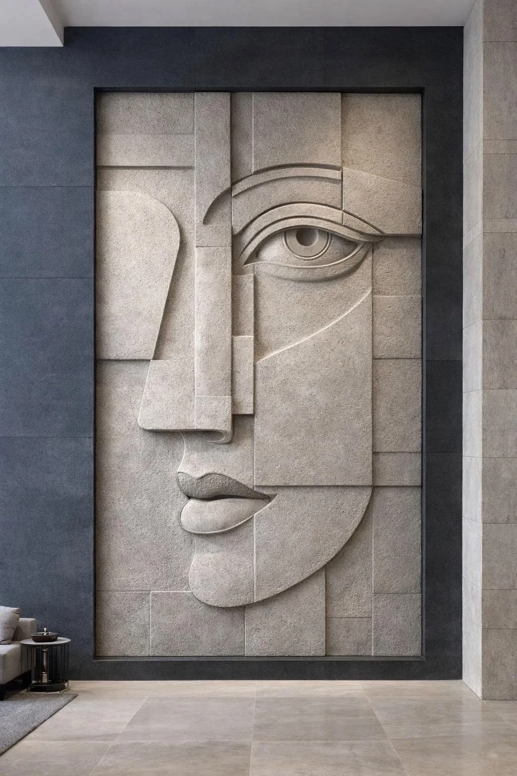 Grand visage géométrique sculpté en bas-relief mural