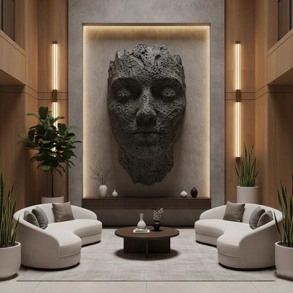 Sculpture monumentale de visage minéral dans un salon